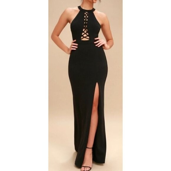 NWT Lulu's Can't Take My Eyes Off Of You Black Halter Low Back Maxi Dress Sz XS - Picture 1 of 14